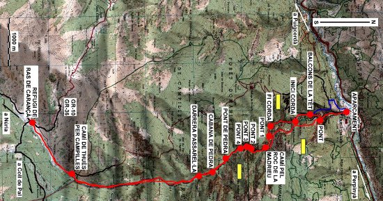 Plànol recorregut de la ruta Gorges de Carançà fins el Refugi del Ras de Carançà