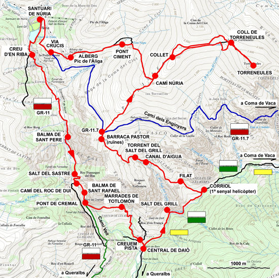 Plànol recorregut de la ruta Torreneules des de Queralbs
