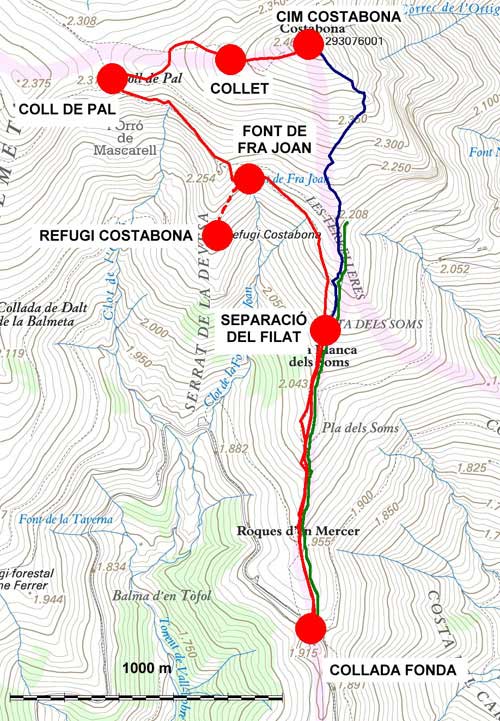 Plànol recorregut de la ruta Costabona des de la Collada Fonda