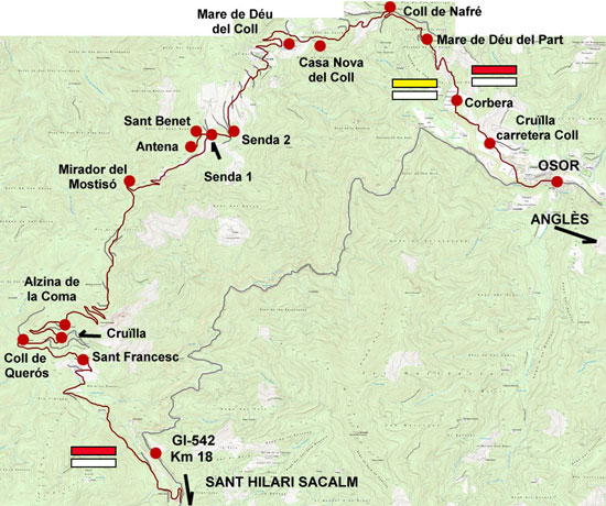 Plànol recorregut de la ruta Coll de Querós - Sant Benet - Osor