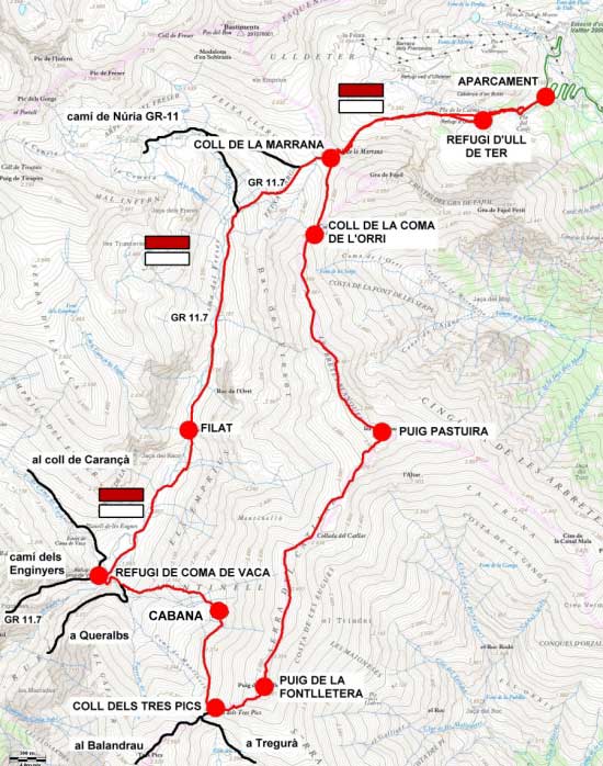Plànol recorregut de la ruta Ull de Ter - Puig Pastuira - Coma de Freser