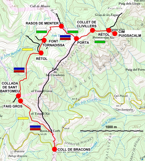 Plànol recorregut de la ruta Puigsacalm des de la collada de Bracons
