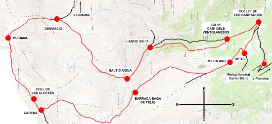 Plànol recorregut de la ruta Puigmal des del Collet de les Barraques