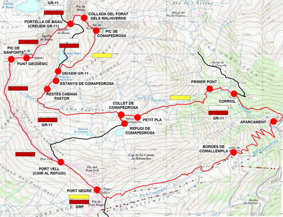 Plànol recorregut de la ruta Comapedrosa - Sanfonts